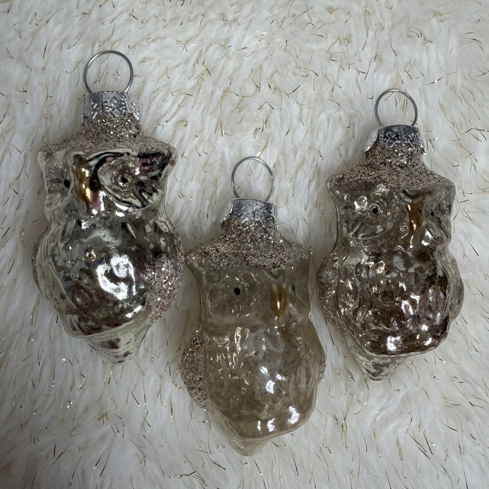 Set 3 Silver Mercury Glass Owls Christmas Ornaments Mouth Blown Glitter 3"